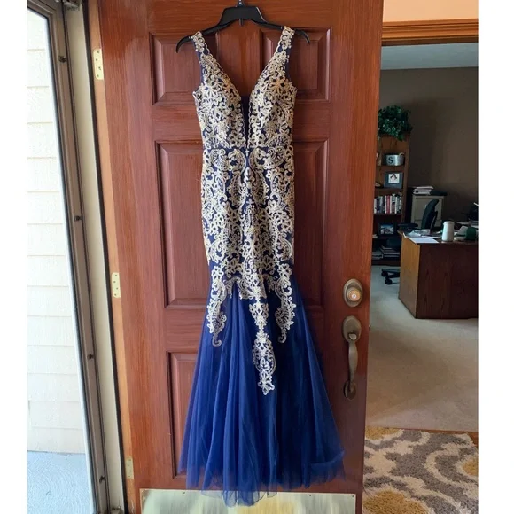 navy blue and gold prom dress Navy Tulle Gold Beaded Spaghetti Straps Mermaid Prom Dress US0 / Navy/Gold